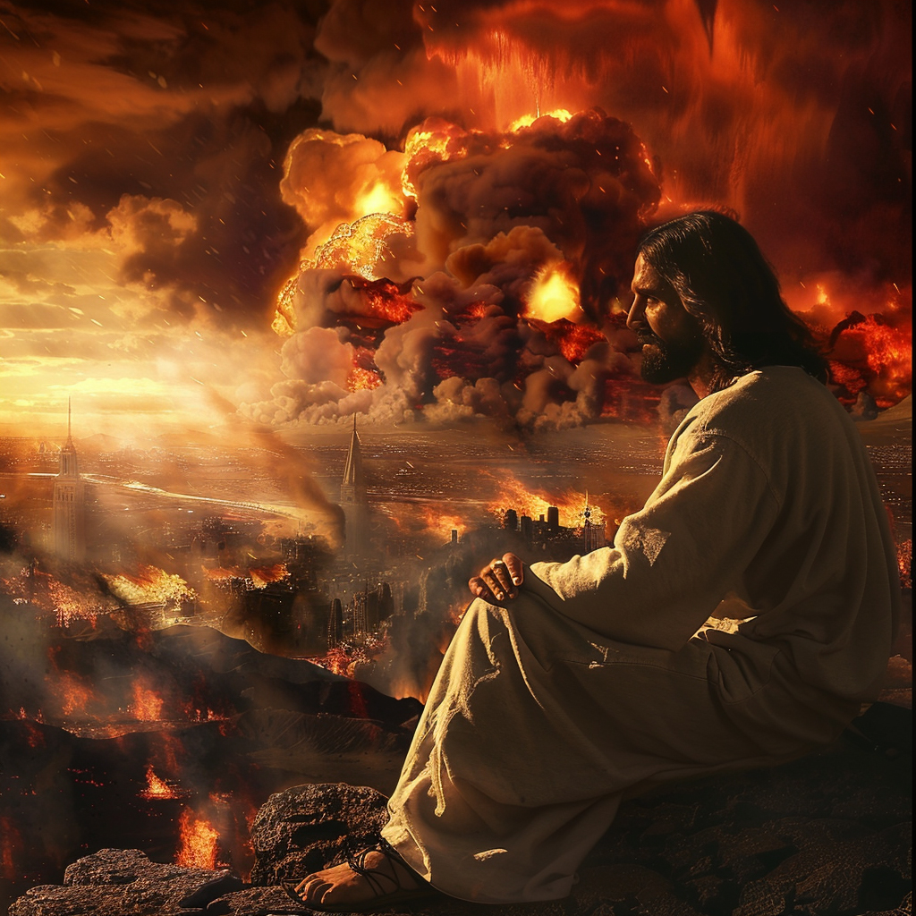 Jesus looking out on a war torn world